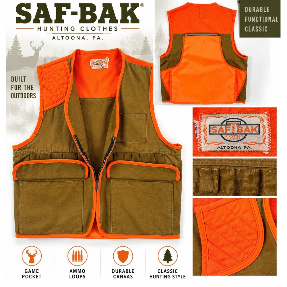 Vintage SAF-T-BAK Hunting Vest Brown Blaze Orange Game Bag Ammo Loops #1883